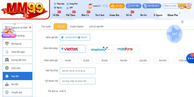 Nạp tiền MM99 bằng thẻ cào điện thoại linh hoạt, nhanh chóng
