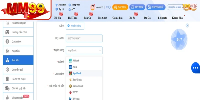 Các phương thức rút tiền phổ biến  tại MM99